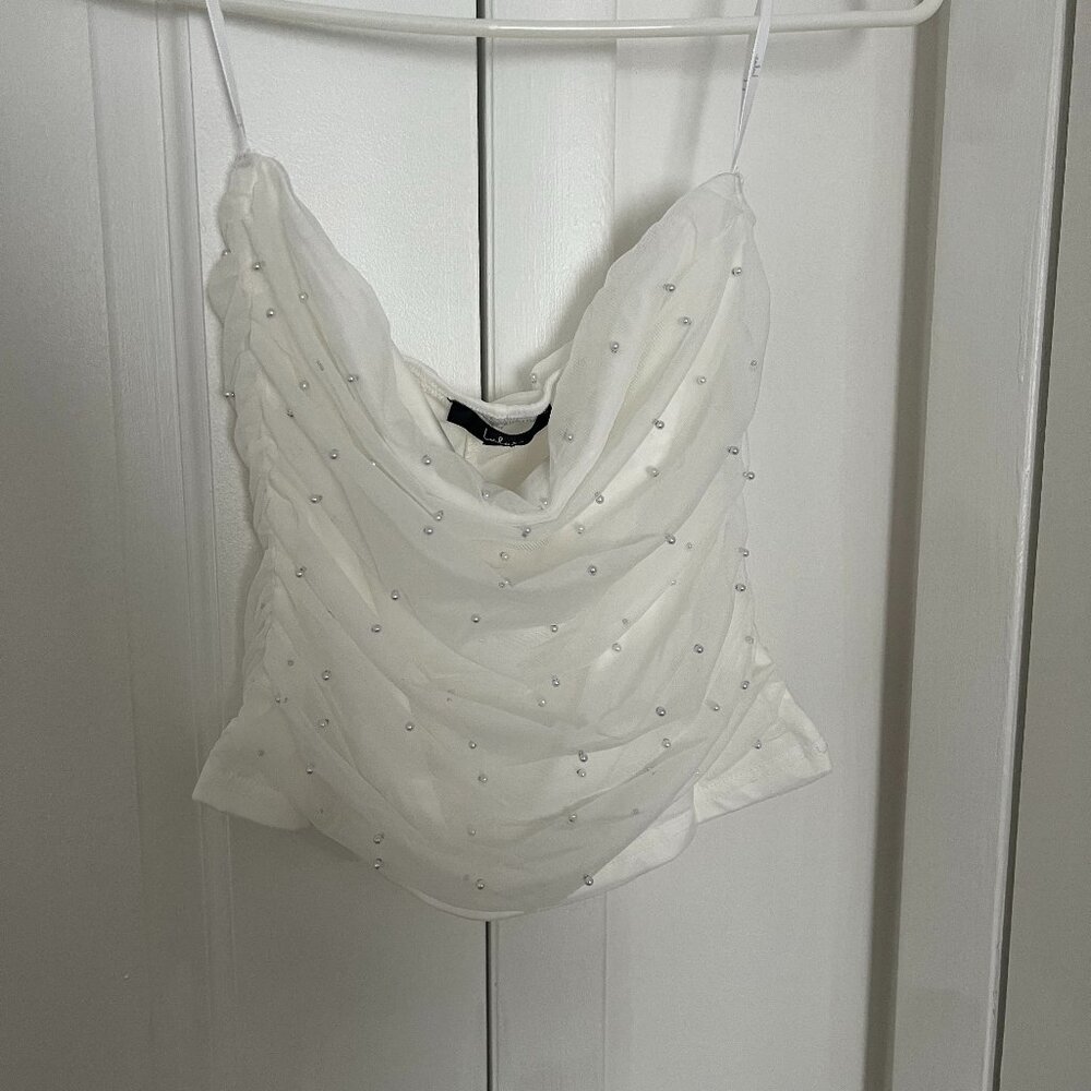 Lulu's White Mesh Pearl Strapless Crop Top (Size M)